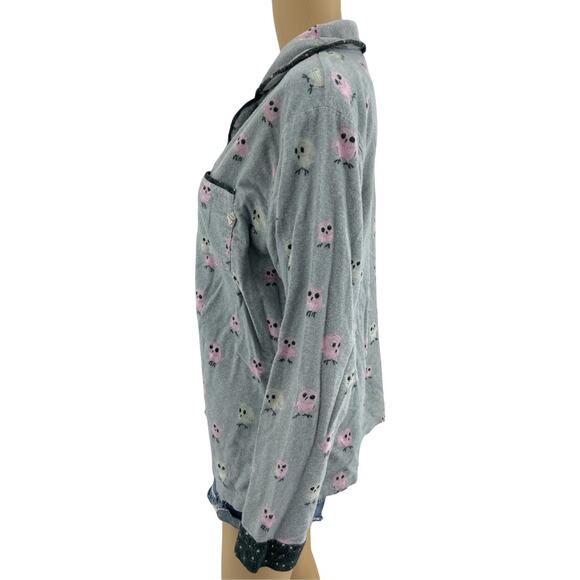 Munki Munki MEDIUM Gray Owl Pajama Sleep Top Long Sleeve Collared Button Up - Picture 3 of 6